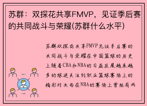 苏群：双探花共享FMVP，见证季后赛的共同战斗与荣耀(苏群什么水平)