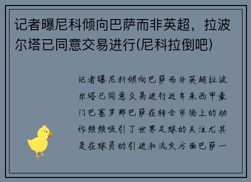 记者曝尼科倾向巴萨而非英超，拉波尔塔已同意交易进行(尼科拉倒吧)